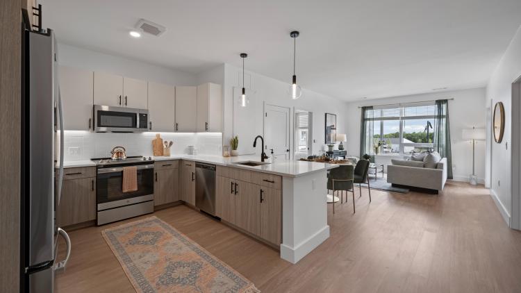 Open kitchen and living room in apartment