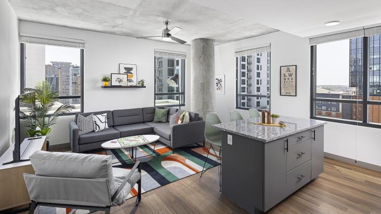 Living room with couch and island