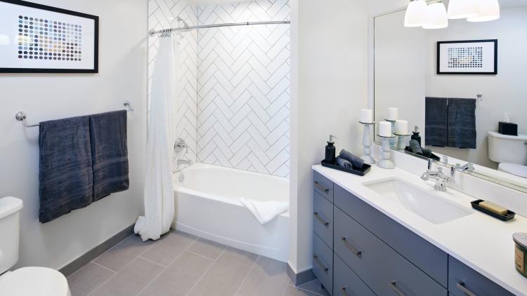 Bathroom with blue vanity and a tub with shower