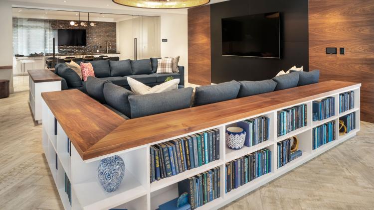 L-shaped sofa around a television, with bookshelves running along the back of the couch