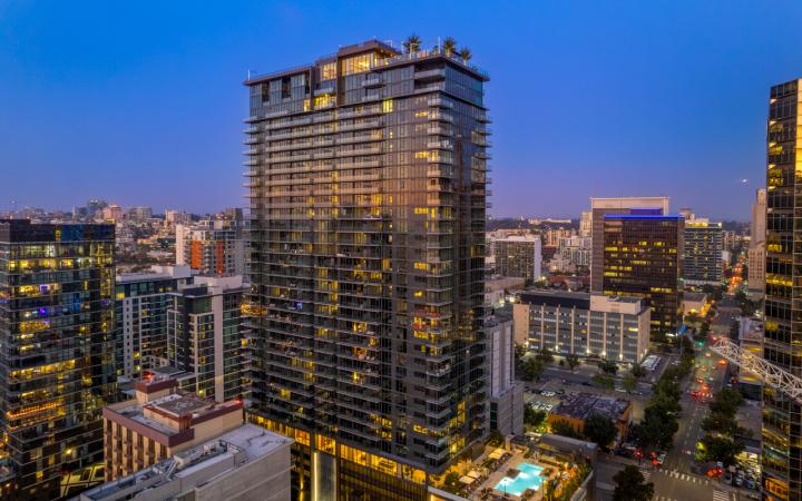 Exterior shot of high rise apartment building
